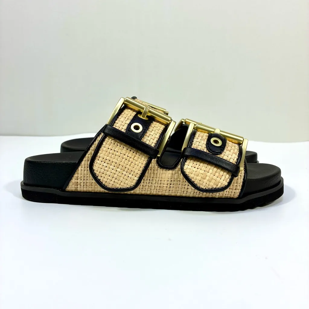 All Saints Sian Raffia Sandals Woven Big Buckle Natural Black 8.5 NEW - Image 6