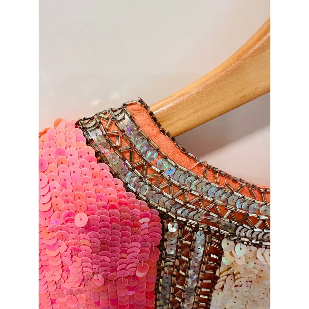 Vintage 80s Silk Sequin Pink Cocktail Dress Medium Fit Knee Length Sparkle Shine Size 6 - Image 7