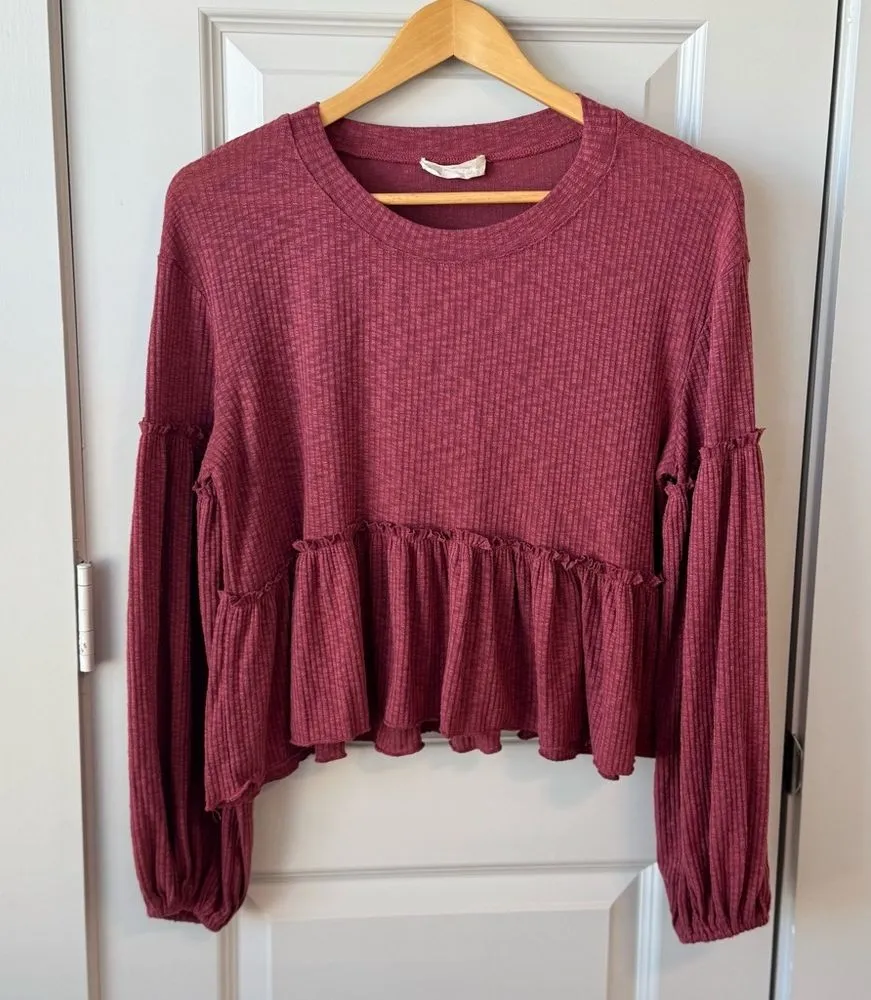 Altar’d State Burgundy Cropped Ruffle Long Sleeve Top Size Medium - Image 2