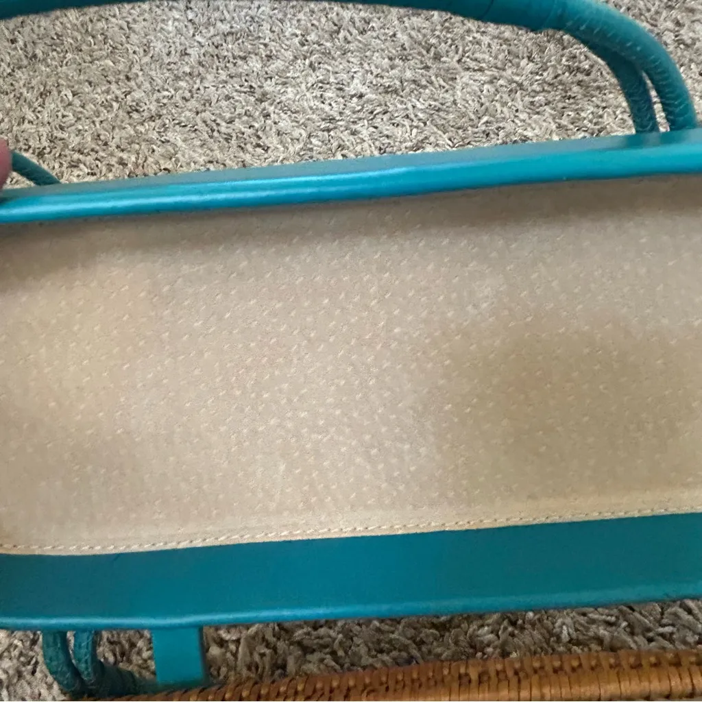 Elliott Lucca Turquoise green leather trim straw rattan woven stiff basket bag - Image 7