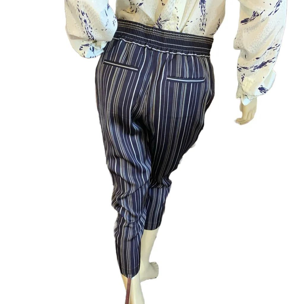 ANN TAYLOR PETITE NAVY BLUE W/SILVER & TAN STRIPES SATIN CROPPED PANTS (4P) - Image 5