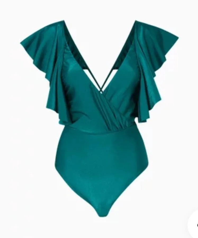 PAT BO Teal Emerald Green Ruffle Plunge One Piece Swimsuit S‎ - Image 1