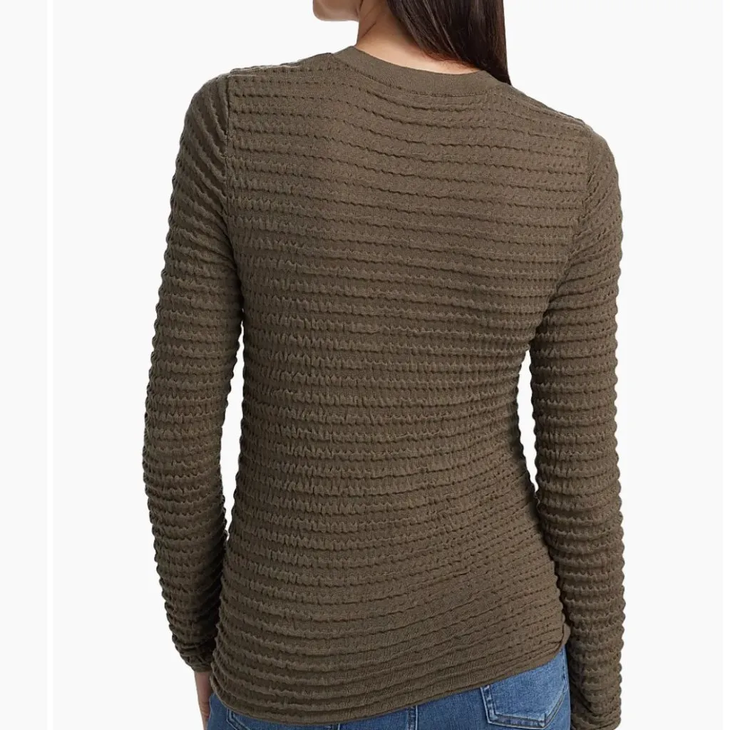 FRAME Smocked Silk Cotton Ribbed Textured Crewneck Longsleeve Top XS $378 - Image 3