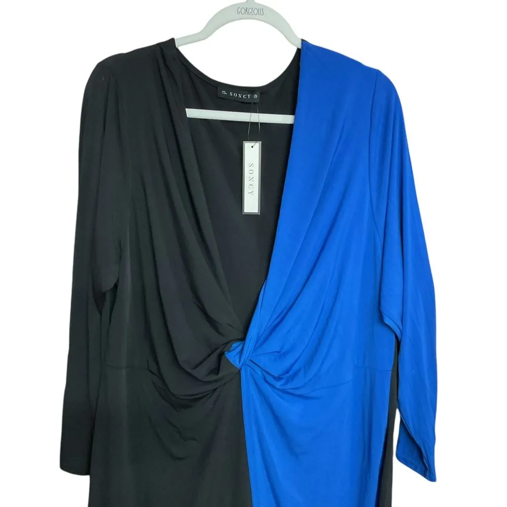 Soncy Women's Two Toned Twist Front Bodycon Midi Dress Plus Size 3X Cocktail Black - Image 3