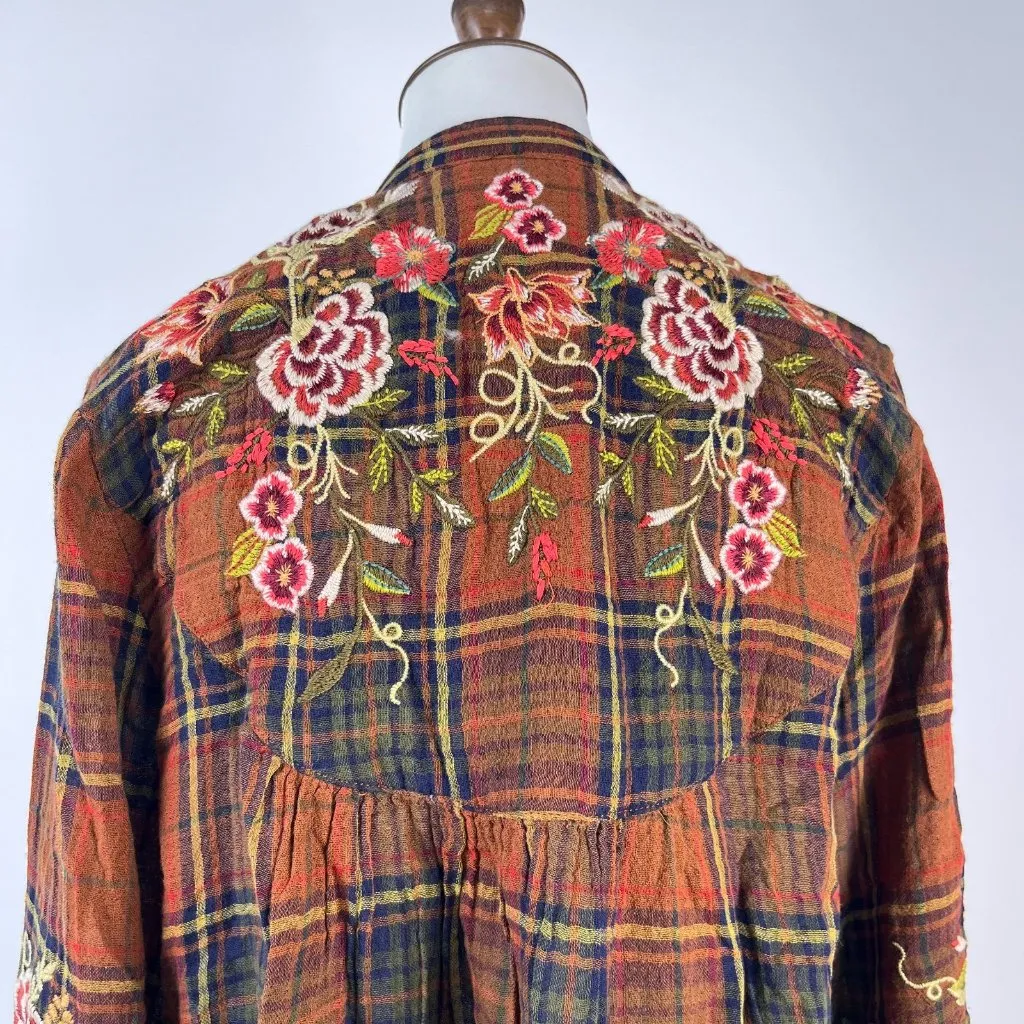 NWOT Johnny Was Silk Velvet Cotton Plaid Embroidered Floral Shirt Blouse S - Image 6