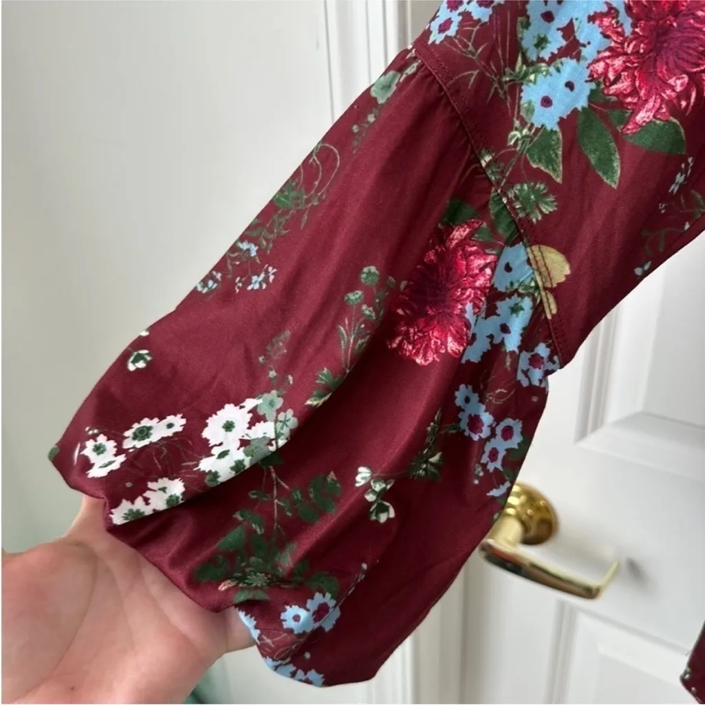 Suzanne Betro Burgundy Floral V-Neck Empire-Waist Tunic Size XL - Image 3