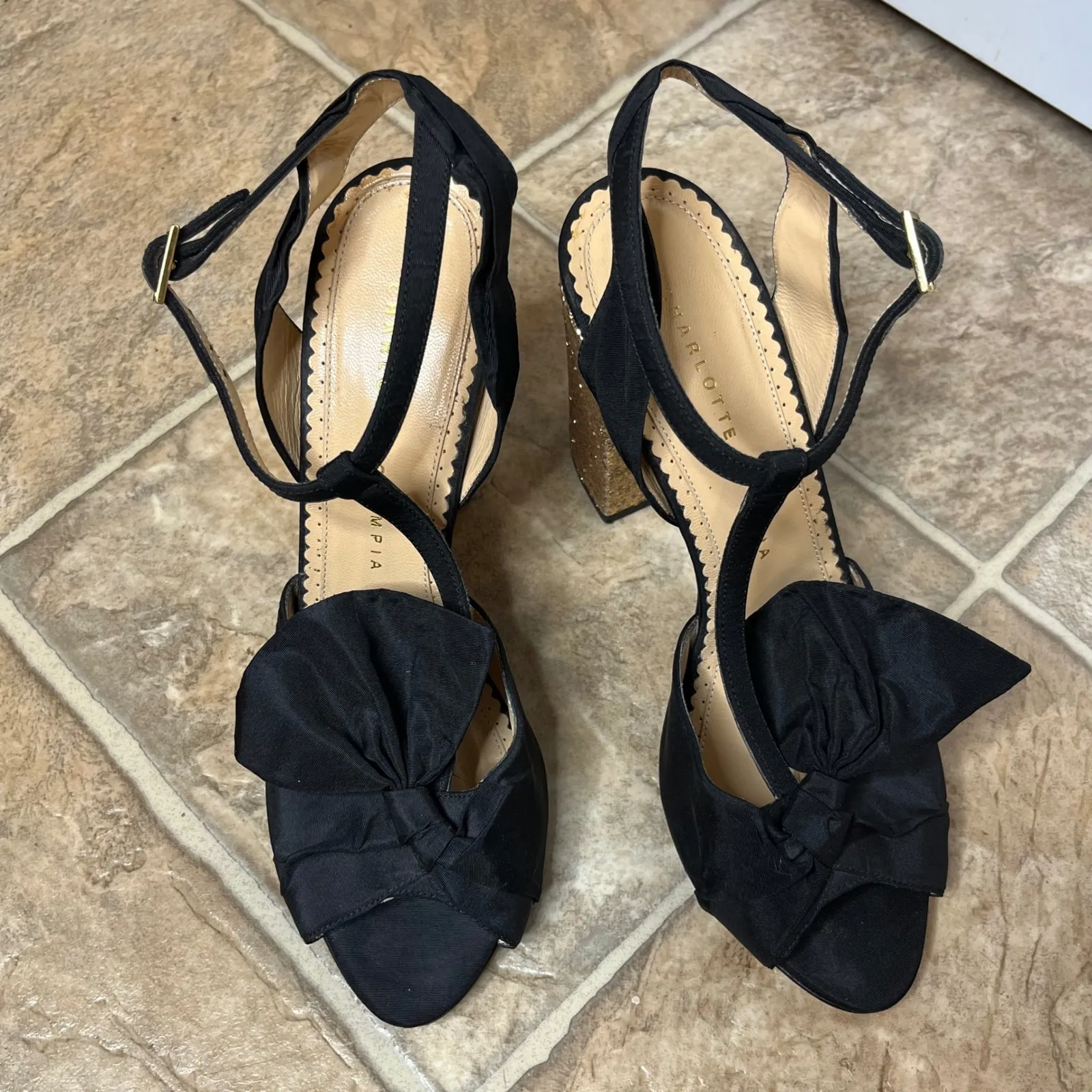 Charlotte Olympia Size 38 Black Satin Bow Block Heel Sandal T Strap Gold Glitter - Image 3
