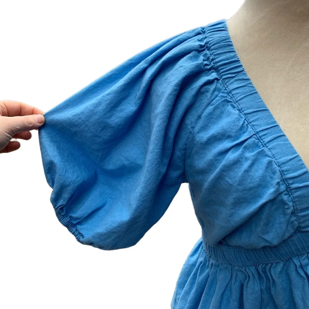 Abercrombie Linen Cotton Blend Puff Sleeve Blue Babydoll Plunge Top Size Small - Image 3