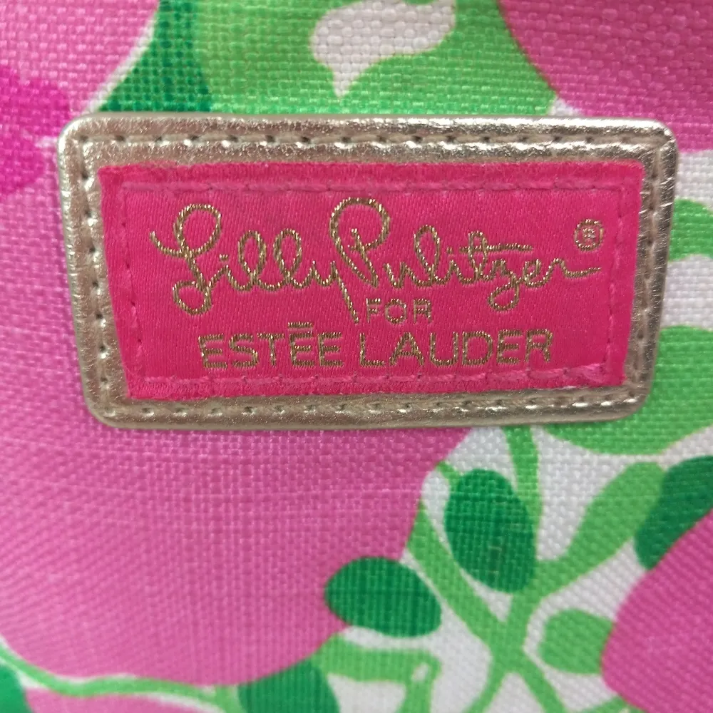 Lilly Pulitzer Estee Lauder Pink and Green Floral Cosmetic Bag 8x4 - Image 4