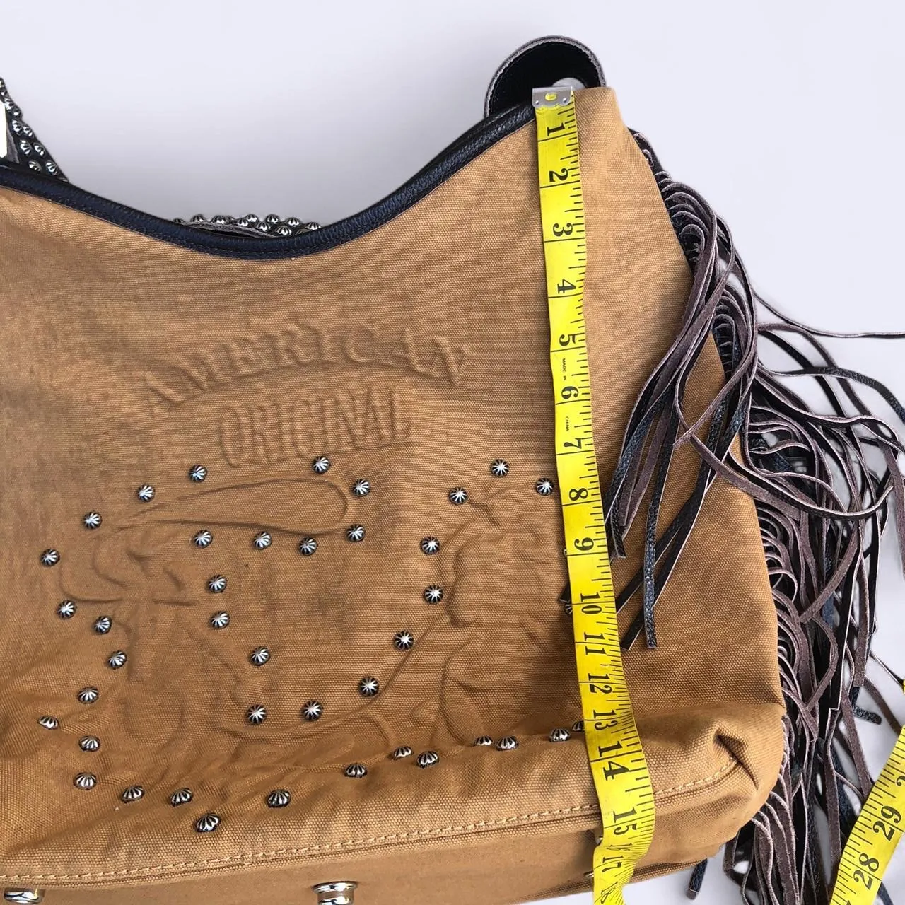 Raviani Brown Fringe Studded Bling Western Hobo Shoulder Bag Purse Cowgirl Leather Canvas American Original #Rodeo #Horse #Rancher #Farmer Measurement in pics Great condition - Image 6