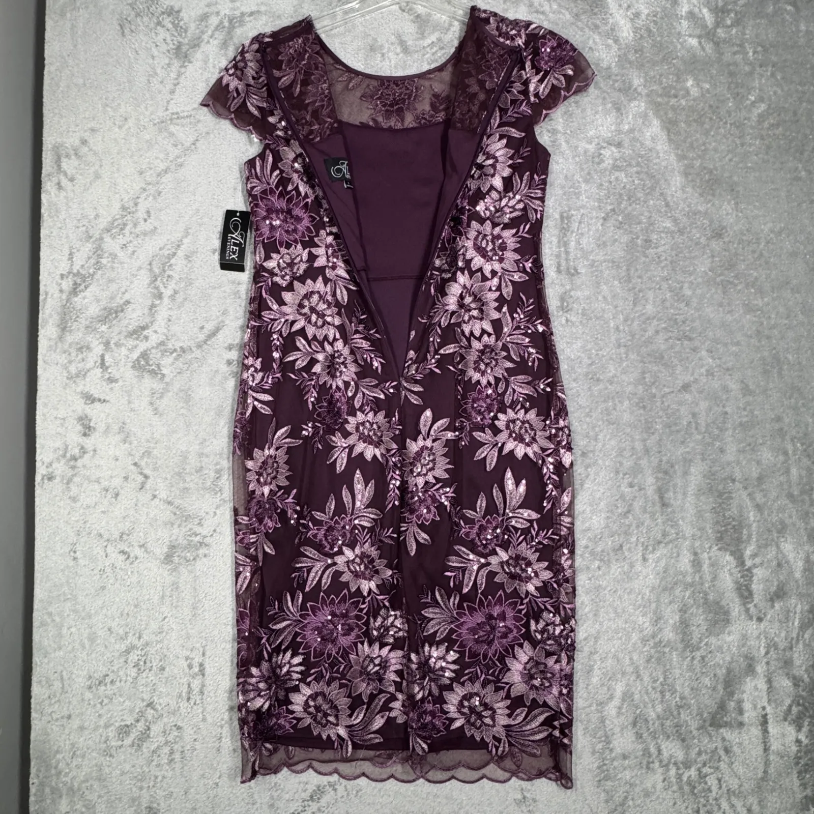 Alex Evenings Dress Women 8 Plum Purple Floral Lace Sequin Sheath Cocktail Party - Image 4