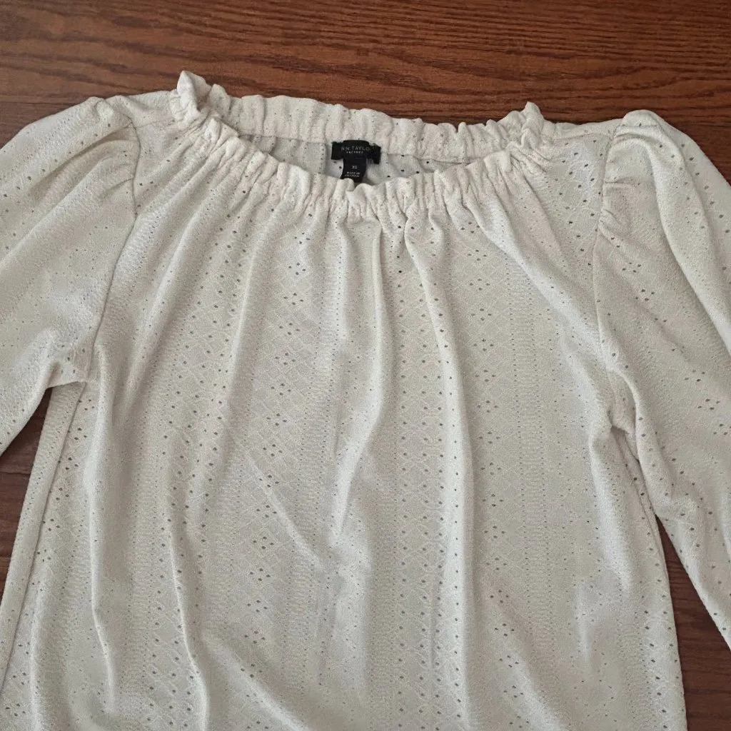 Ann Taylor Eyelet Ivory Smocked Neck Puffed Sleeve Blouse Size XS balloon sleeve - Image 6