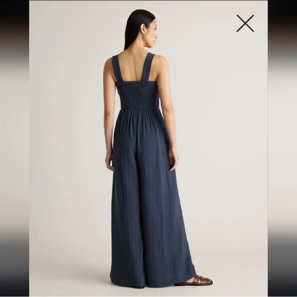 NWT Quince 100% Organic Cotton Gauze Smocked Wide Leg Jumpsuit Size M Blue Grey - Image 3