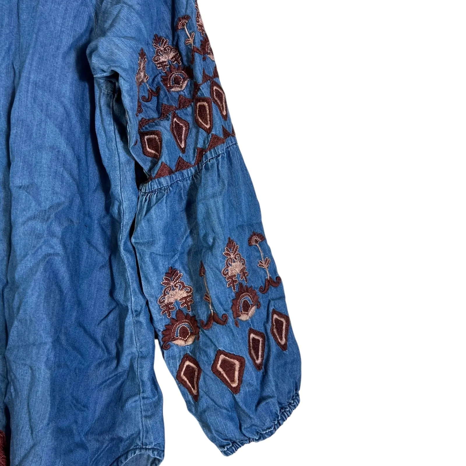 Altar State Denim Embroidered Tassel V Neck Long Sleeve Blouse Women's Size M Blue Size M - Image 4