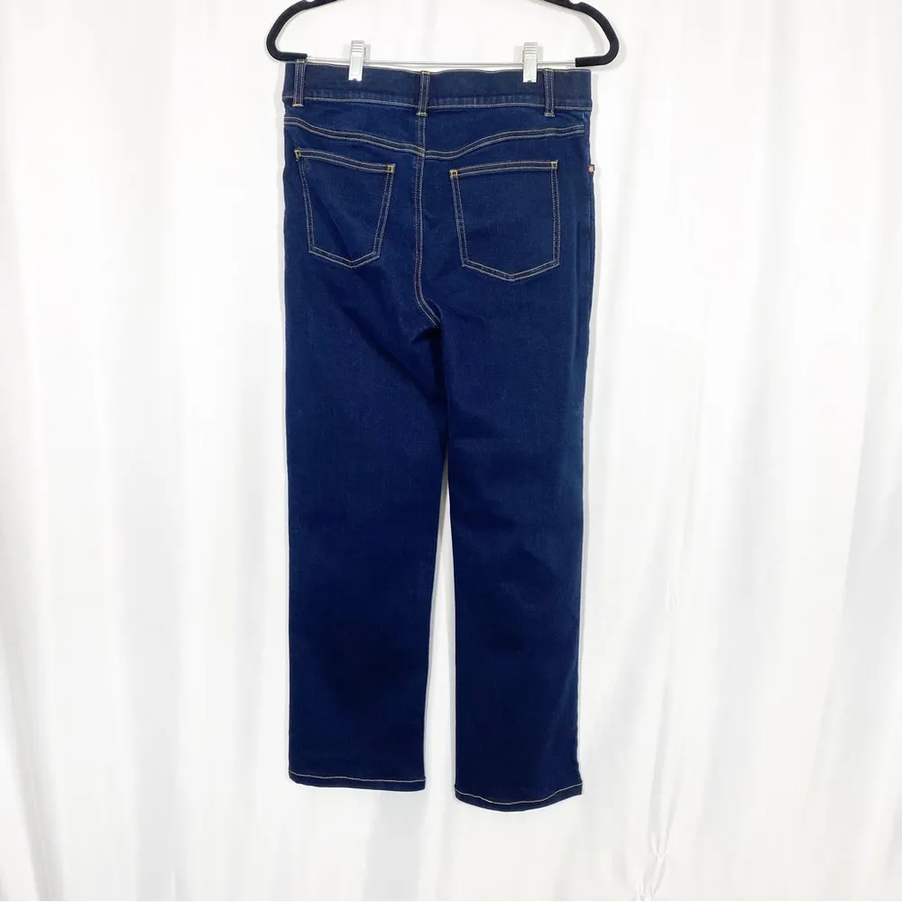 Betabrand Mission High-Rise Denim Straight Leg Pull On Jeans: Contrast Dark Blue - Image 4