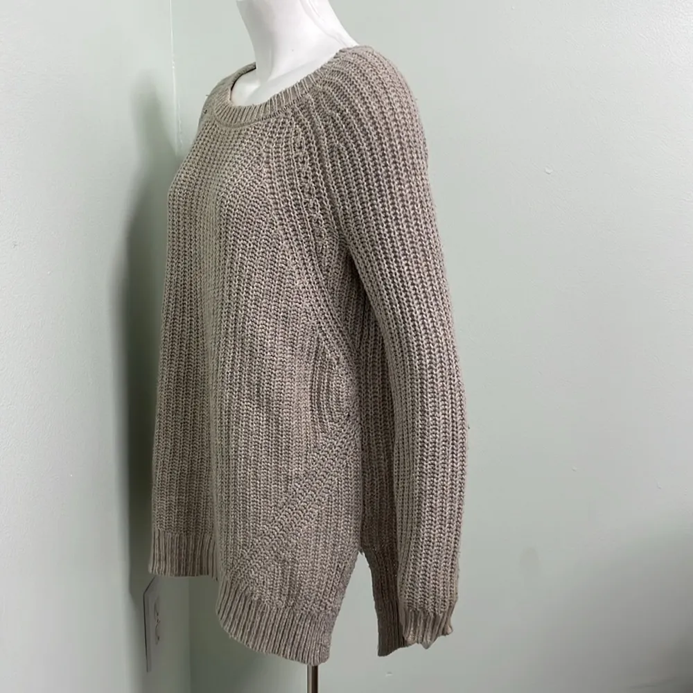 Aerie Oatmeal Chunky Knit Sweater Braided Back Round Neck Woman's Size S - Image 6