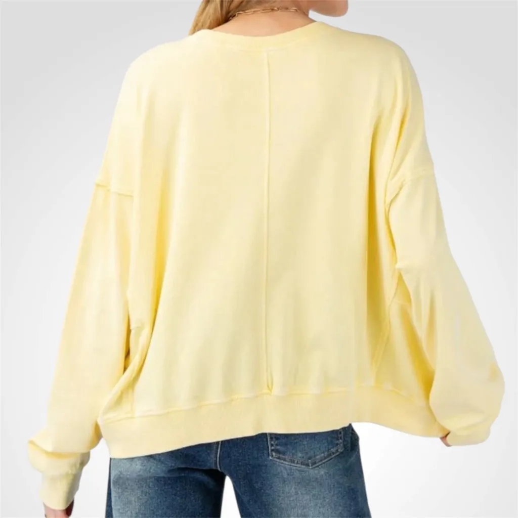 Size S Easel Terry Knit Top with Flower Patch in Lemon - Image 2