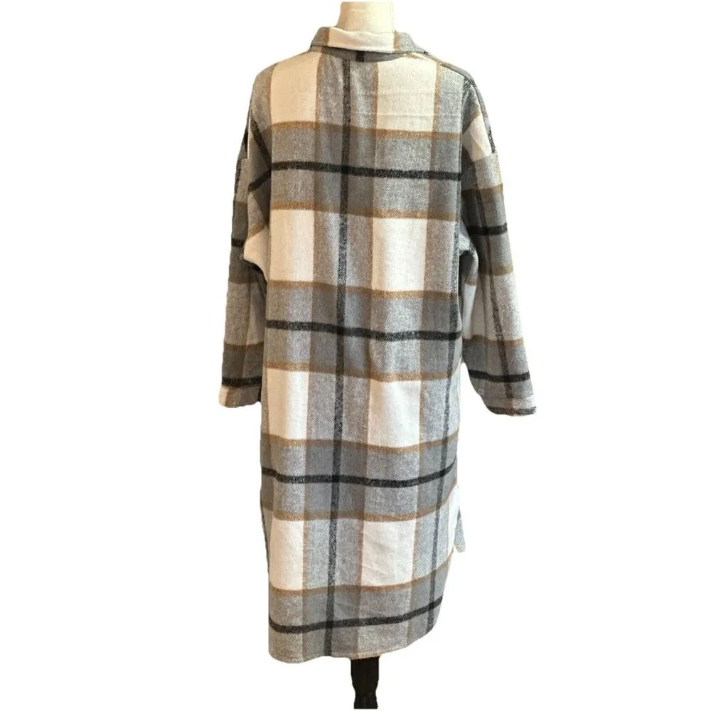 Women’s Shacket Tartan Long Open Black Grey Plaid Utility Jacket Pocket Size L Gray Size L - Image 7