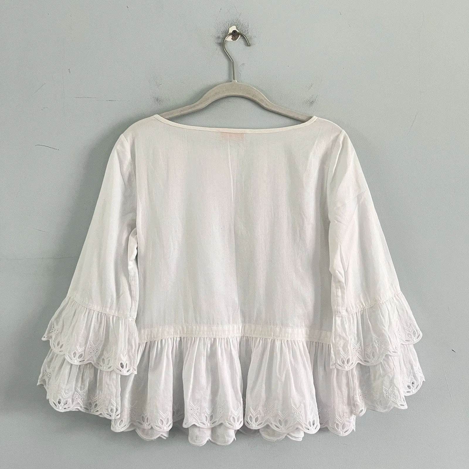 Tory Burch Scallop Hem Eyelet Ruffle White Cotton Blouse - Image 3