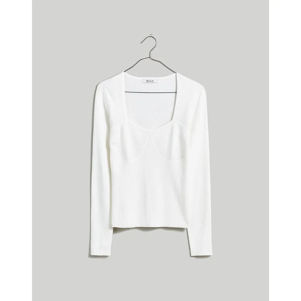 Madewell White Wide Rib Long Sleeve Sweetheart Sweater Top Size XXS - Image 4