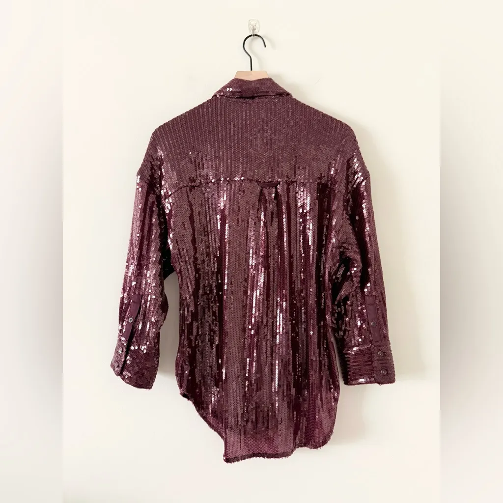 Pilcro Sequin Oversized Button Down Shirt in Plum Size XXS - Image 7