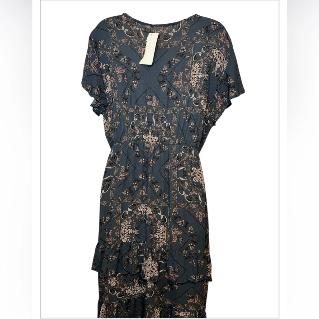 Chris & Carol Women's‎ XL Gray Floral Ruffled  Midi Rayon Short Sleeve Dress NWT - Image 2