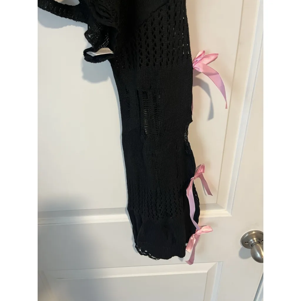 Beaudrm Micro Shrug Womens Size Size XL Black Open Knit Pink Bows Long Sleeve - Image 5