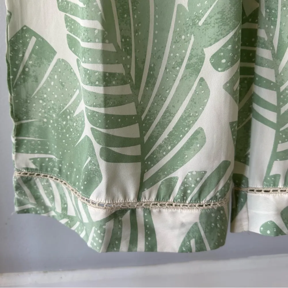 Bohemian women’s wide leg high waist white with green leaves summer pants med - Image 2