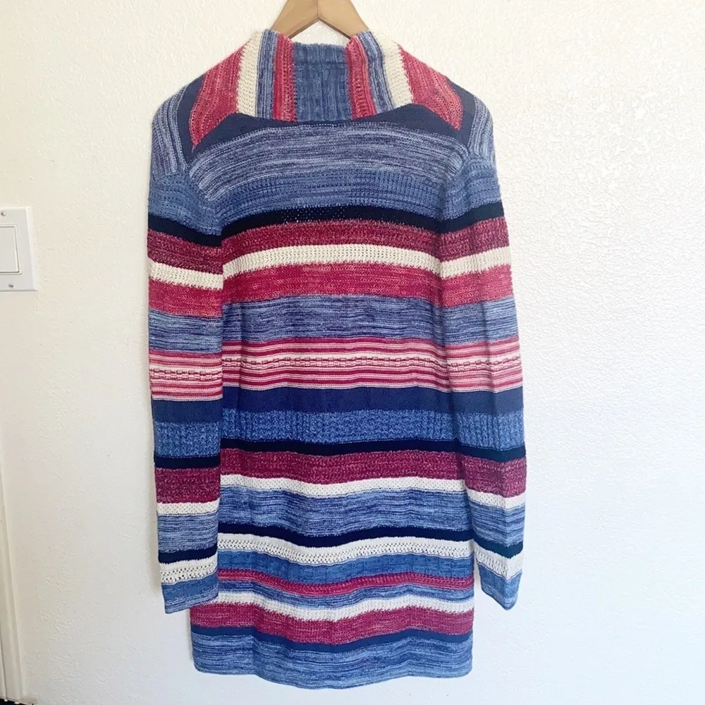 J. Jill Red Blue White Striped Knit Cotton Linen Blend Duster Button Cardigan - Image 11