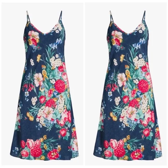 Johnny Was 100% silk slip midi dress in navy blue floral NWT - Image 2