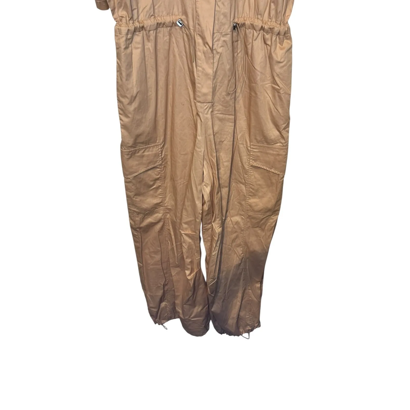 Zara Women Jumpsuit Gabardine Utility Pockets Cargo Snap Button Cotton Tan Large - Image 4