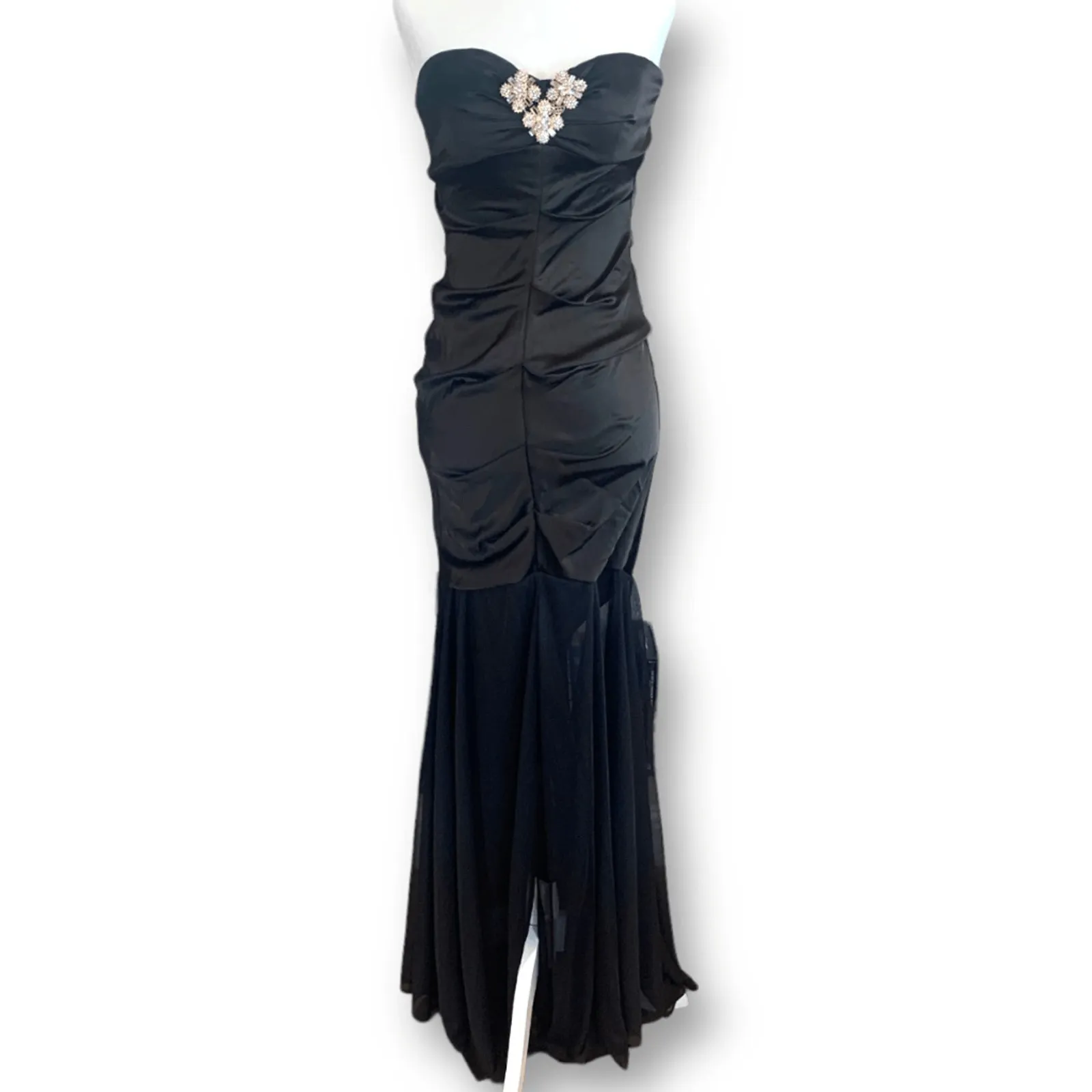 Vintage Cache Black Strapless Rhinestone Brooch Evening Gown XS Sheer Skirt - Image 10