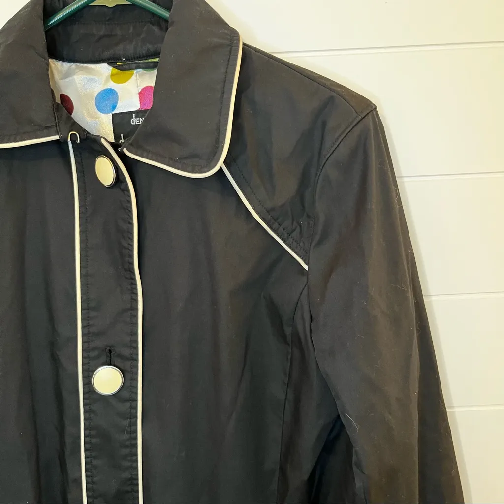 Dennis Basso Black Trench Coat with White Accents Polka Dot Liner Classic XS-S - Image 3