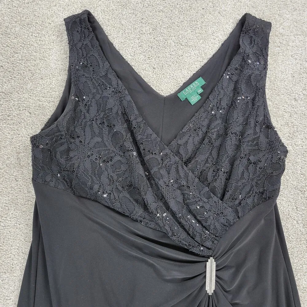 Ralph Lauren Faux Wrap Formal Dress Womens 16W Black Lace Ruched Cocktail Party Size 16 - Image 8