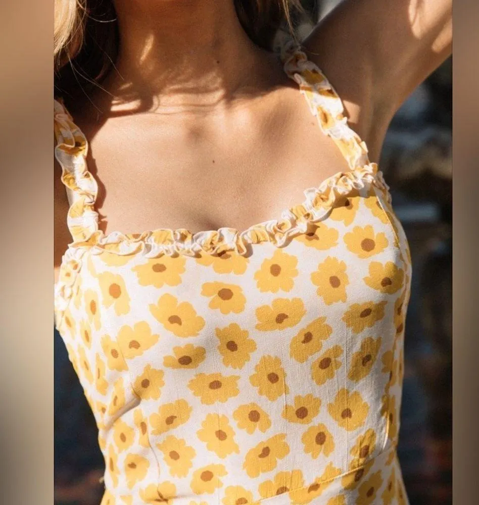 FAITHFULL THE BRAND Noemie Yellow Floral Print Ruffle Midi Dress Size XL - Image 4