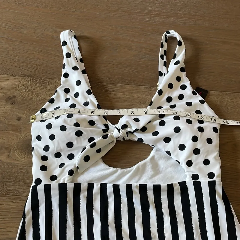 Pin-Up Polka Dot Striped Tie Front Keyhole Cheeky 1-Pc Swimsuit L White Black - Image 13