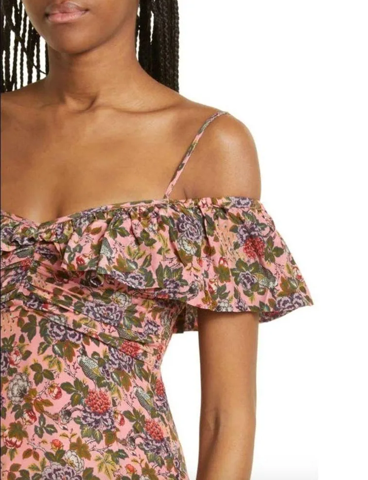 byTimo Floral Ruffle Cold Shoulder Mini Dress Dahlia Floral Womens Small Pink - Image 3