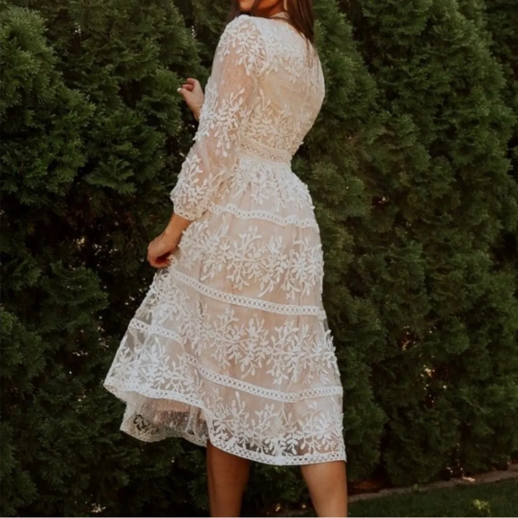Ivy City Co Sicily Dress with Champagne Lining. Lace Floral Midi Dress Cream 4 White - Image 5