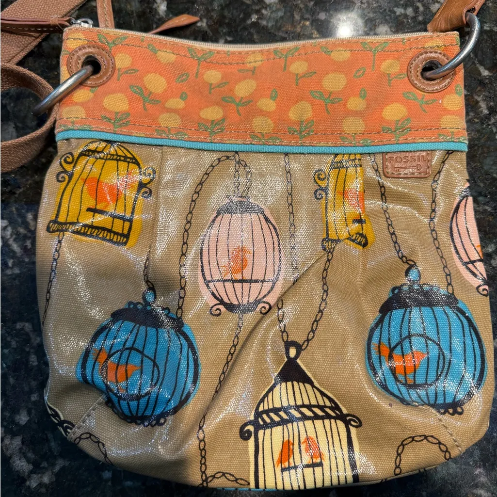 FOSSIL Coated Canvas KEYPER‎ Birdcage Pattern Brown, Apricot Shoulder Bag S Tan - Image 4