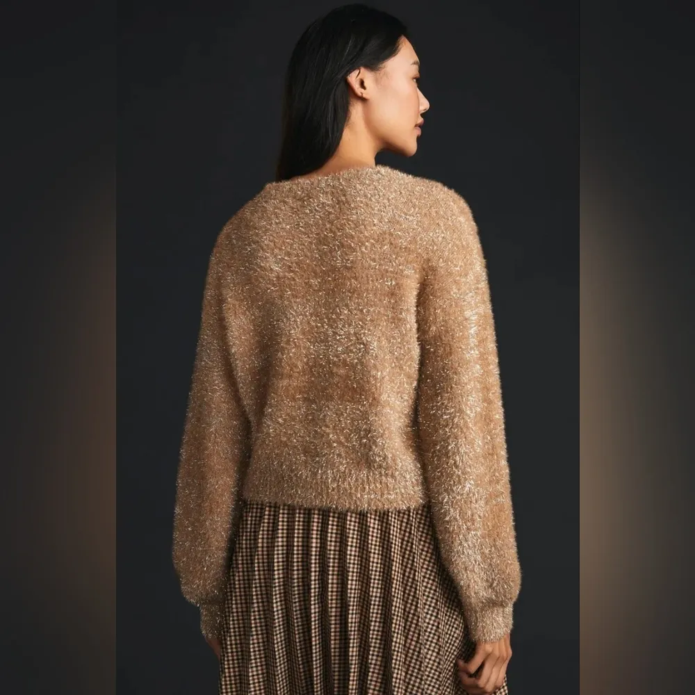 NWT Anthropologie Tinsel Eyelash Sweater Tan Metallic Party SIZE M - Image 2