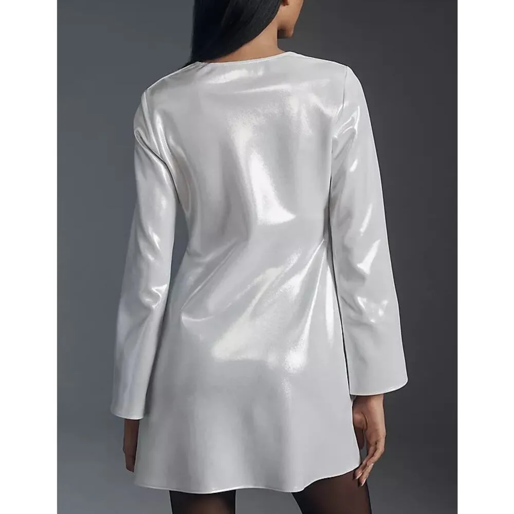 Anthropologie Long-Sleeve V-Neck Metallic Mini Dress White XS - Image 2