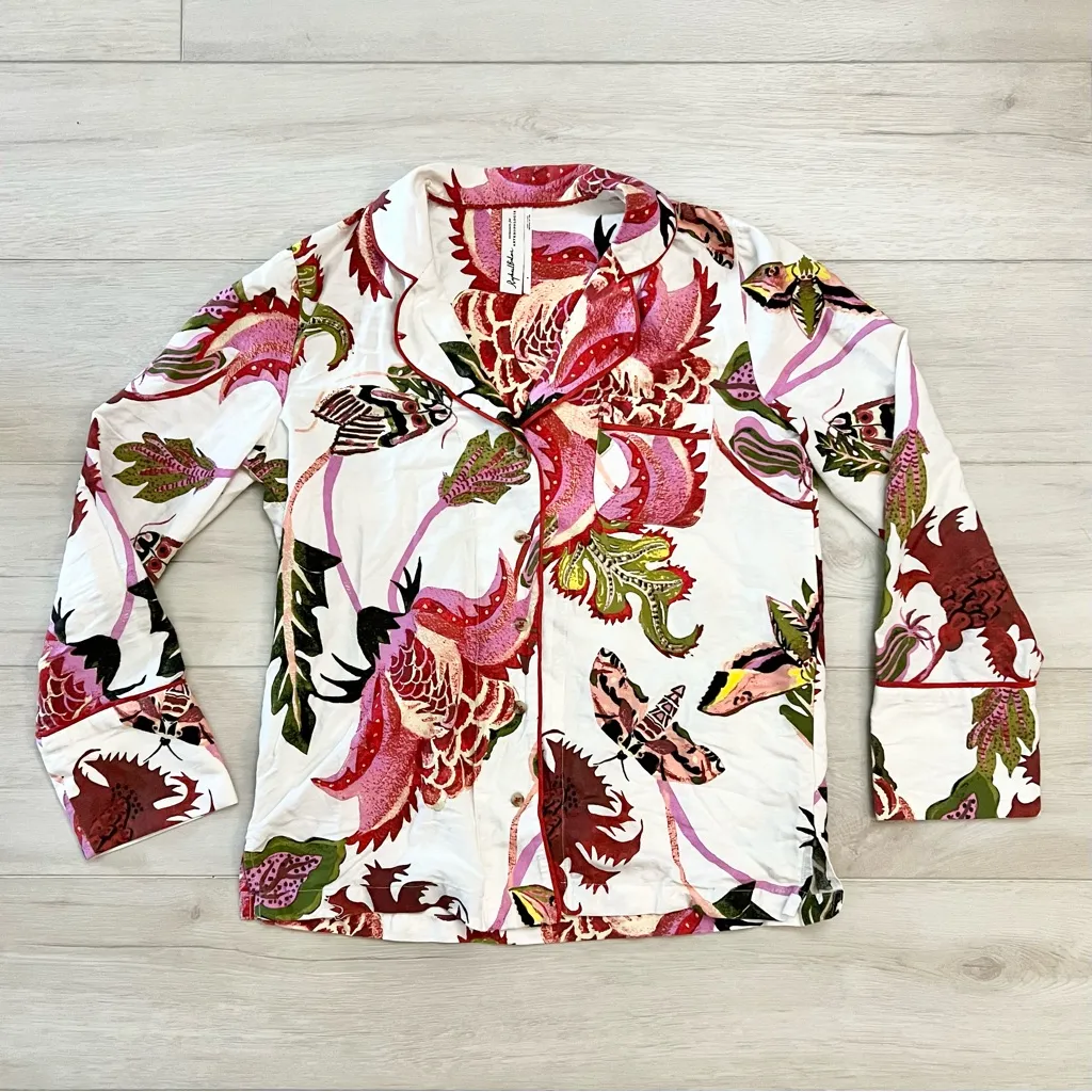 Anthropologie Raphael Balme Flannel Pajama Top Size Small | Jacobean Floral Moth - Image 2