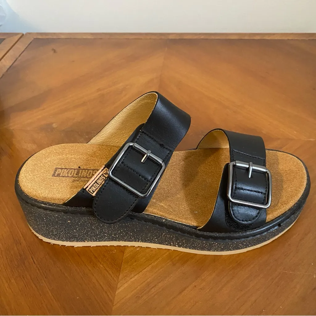 Pikolinos Calfskin Leather Sandal Shoes Black Size 7 - Image 7