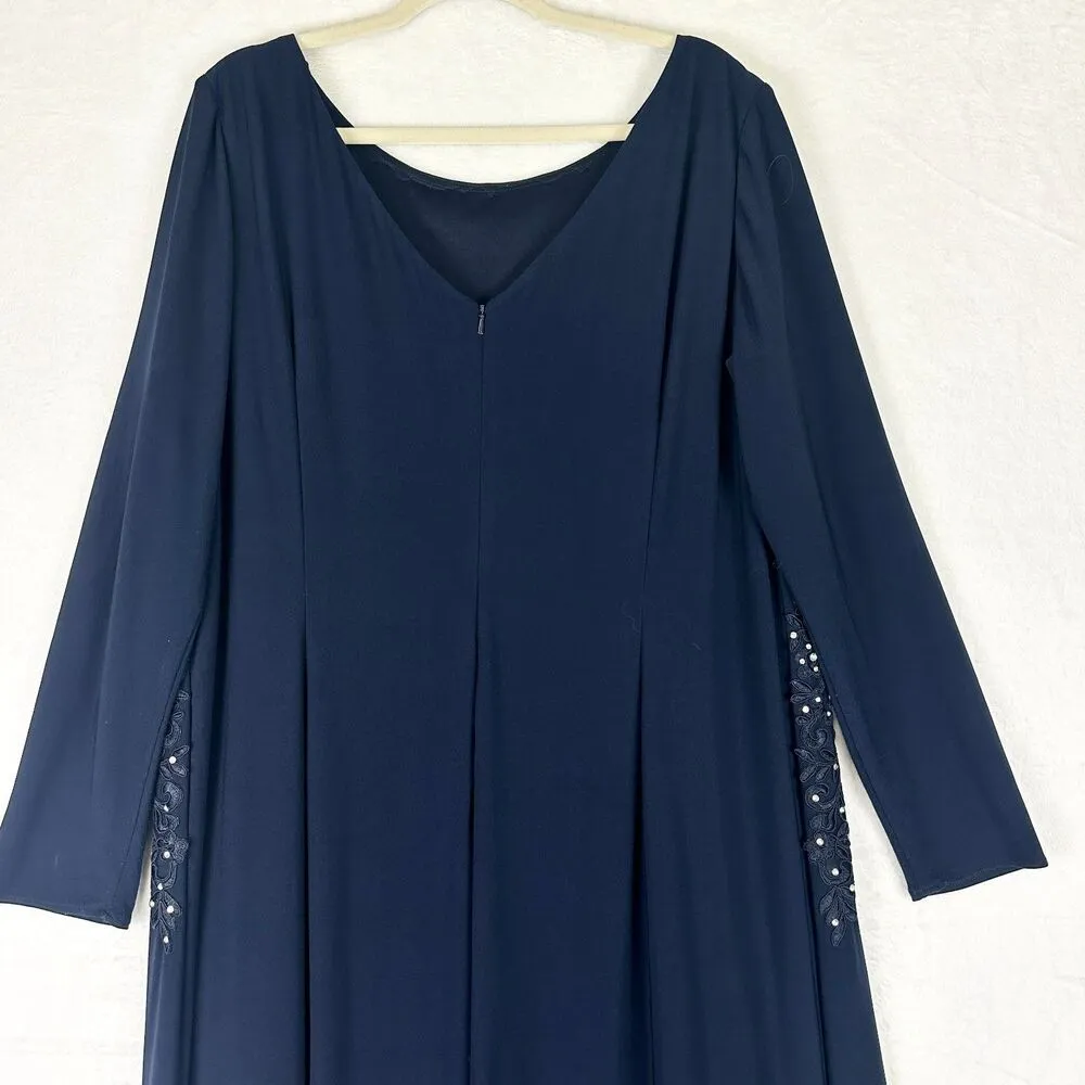 Crystal Lace Applique Long Sleeve Gown Size 20W Slit Navy - Image 8