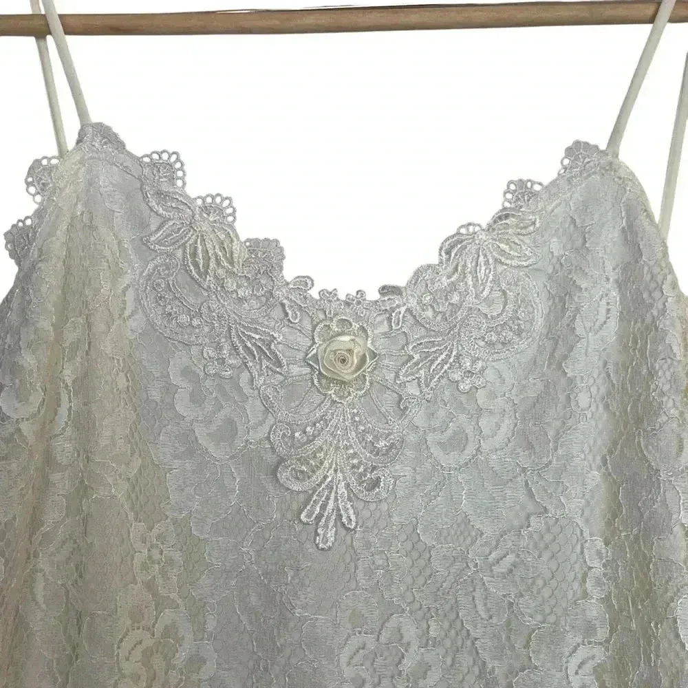 Vintage Shadowline Ivory Lace Slip Dress Gown Spaghetti Straps Flower Small White - Image 5
