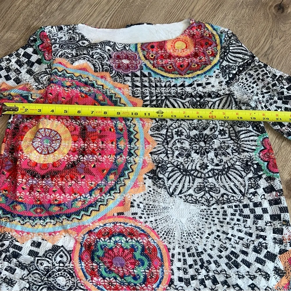 Onque Casual Fuchsia Orange Black White Boho Mandala Style Crochet Knit Top L Size L - Image 4