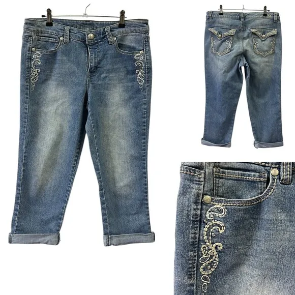 Code Bleu Andrea Denim Embroidered Paisley Button Flap Blue Jeans Women 10 or 29 - Image 2