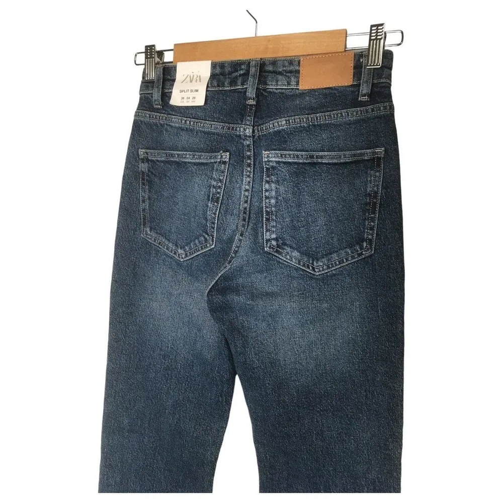 New Zara Jeans Womens 4 High Rise Full Length Split Slim Denim Blue - Image 7