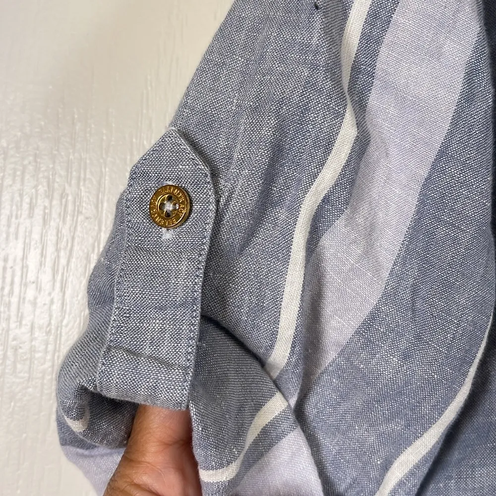 Women's Ellen Tracy Blue White Striped Folded Sleeves Pockets Linen Blouse Large - Image 4