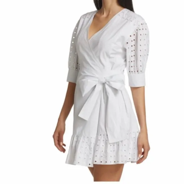 Tanya Taylor Gina Eyelet Trim Wrap Eyelet Mini Dress Ruffle Coquette Coastal - Image 2